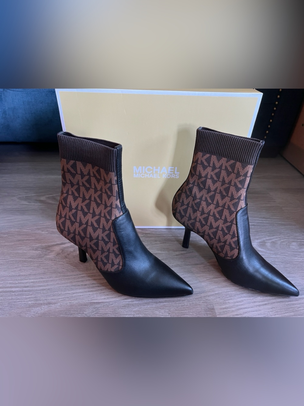 Michael Kors Monogram Heeled Boots (Sock Booties) in Brown/Black - Picture 4 of 14